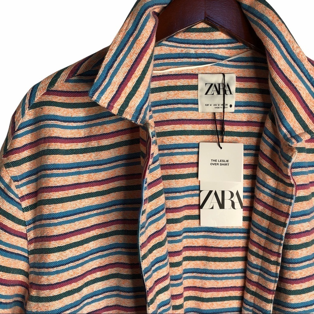 ZARA NWT “Leslie” Striped Shirt Jacket Size Medium in Bright Pink Multi - Picture 10 of 15